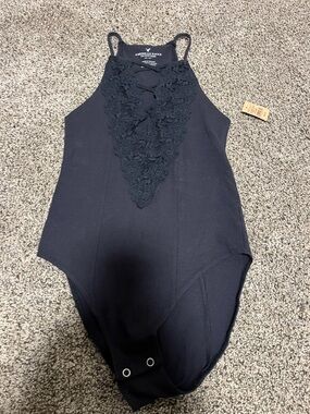 American Eagle Outfitters Black Lace-Front Halter Bodysuit
